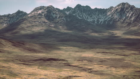 Ladera-Cubierta-De-Hierba-Seca-Contra-El-Telón-De-Fondo-De-Las-Montañas-Nevadas