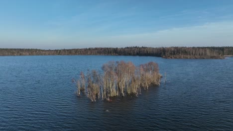 Approaching aerial view of small island submerged in Lake Karujärv due to high water levels. Saaremaa, Estonia.