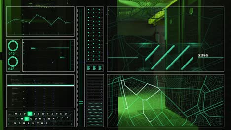 Animation-of-hud-screens-with-map,-graphs,-programming-data-over-data-server-room