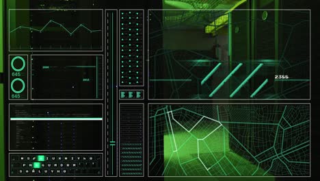 animación de pantallas de hud con mapas, gráficos, datos de programación a través de la sala de servidores de datos