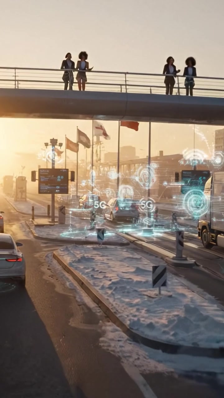 Futuristic Traffic Management System Illustrating Autonomous Vehicle Navigation and Integrated Smart City Transportation Technology at Sunrise