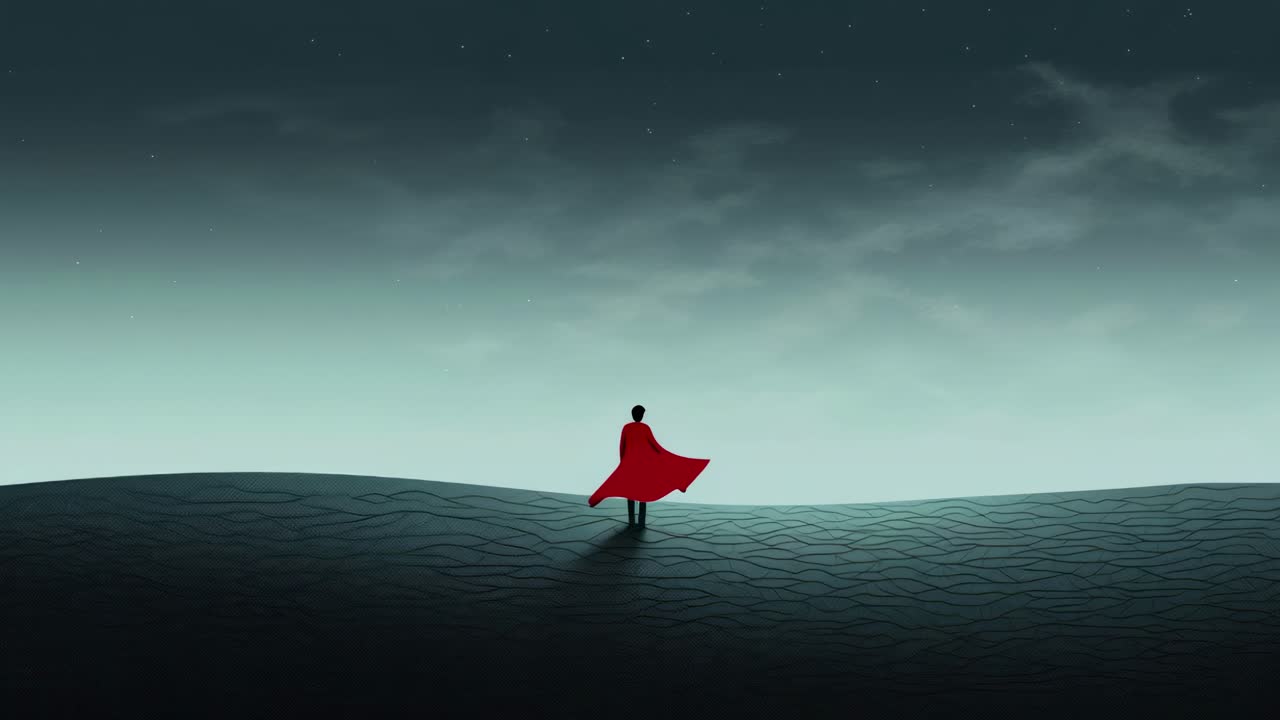 Silhouette of a person with a red cape on a hill, under a starry sky