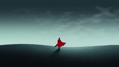 silhouette of a person with a red cape on a hill, under a starry sky