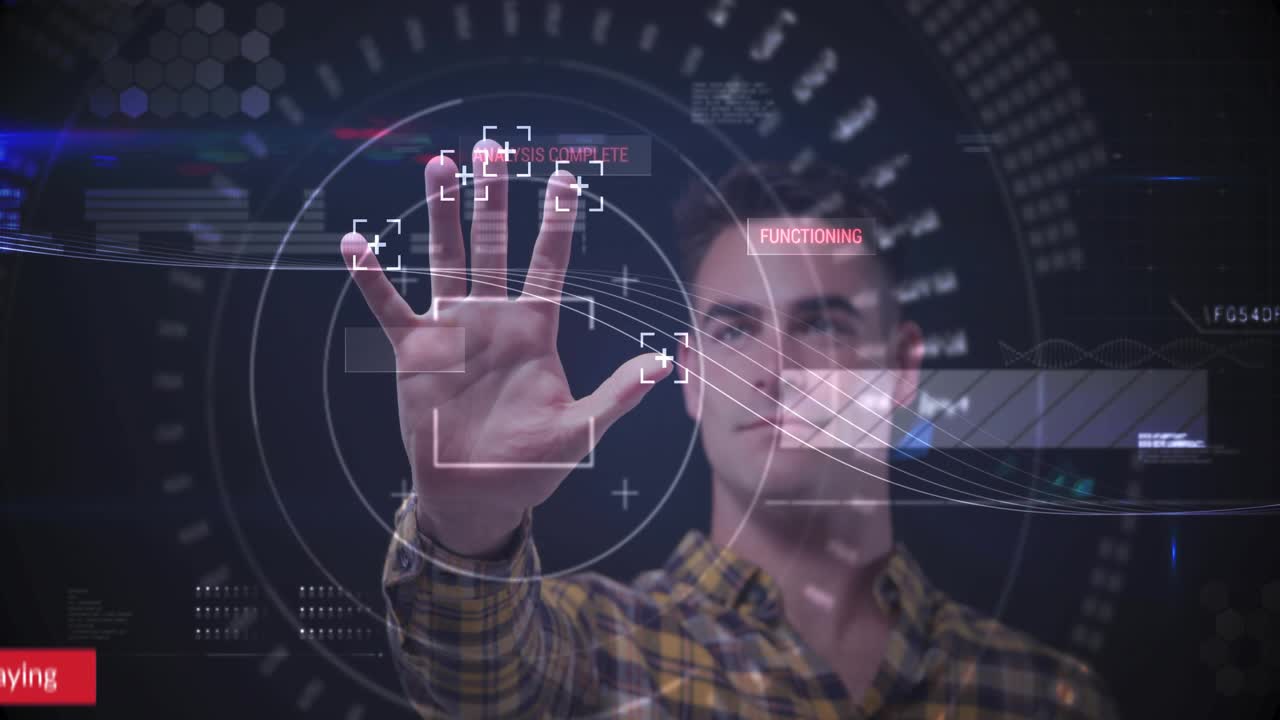 user raising palm to transparent UI, scanning creating subscribe like message notifications in tech