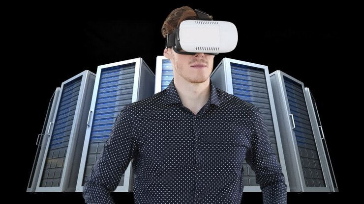 Animation of clock moving fast over businessman wearing vr headset by computer servers