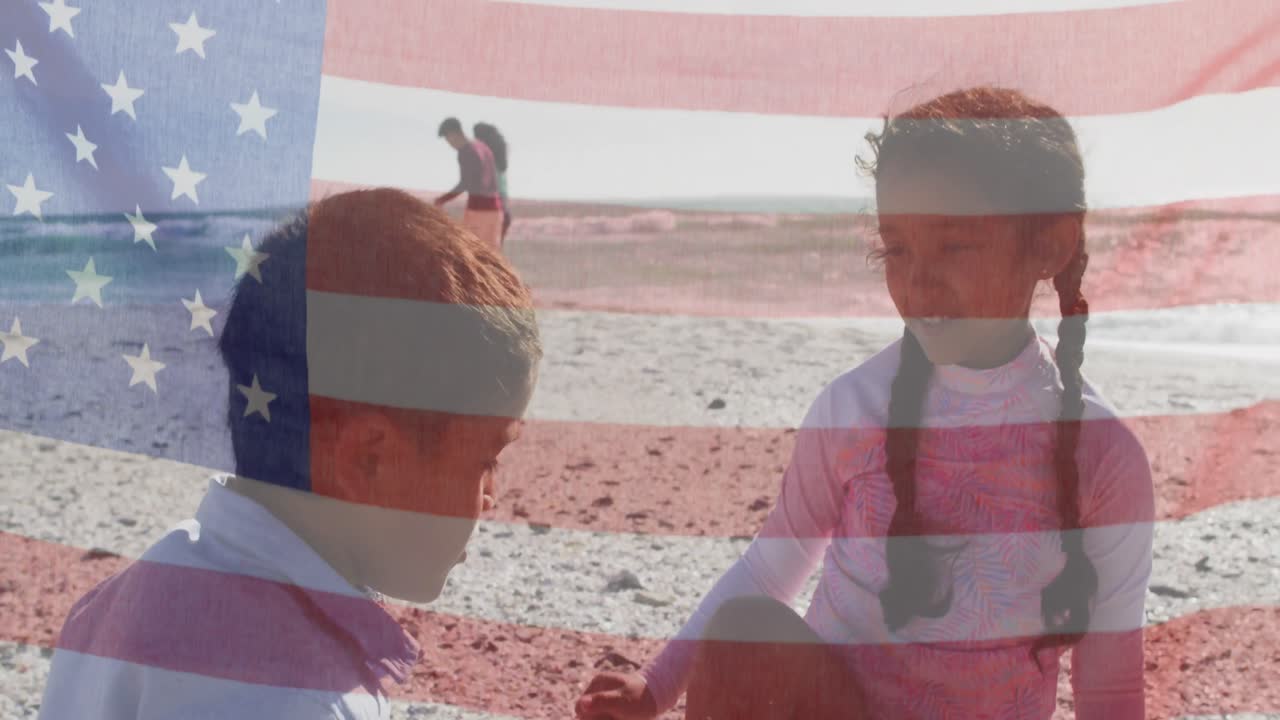 animación de la bandera de los estados unidos de américa sobre una pareja biracial con niños a orillas del mar