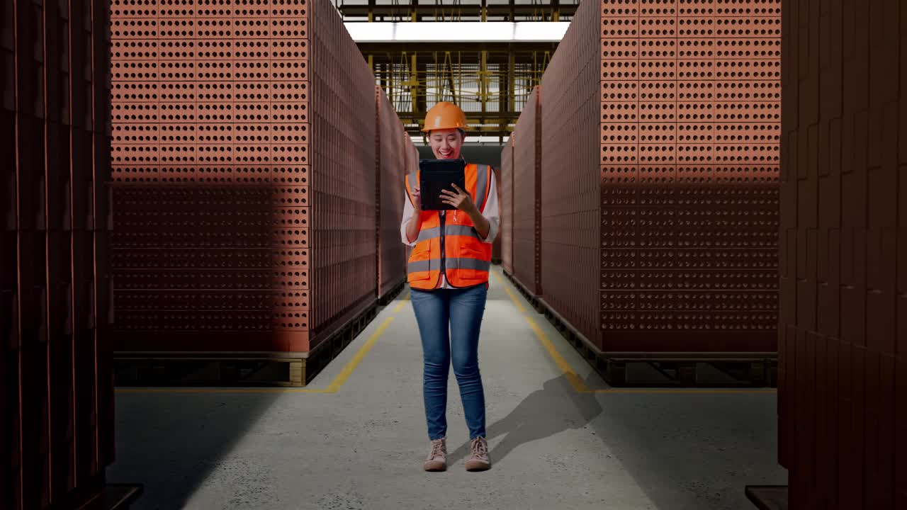 Full Body Of Asian Female Engineer With Safety Helmet Working On A Tablet While Standing With Red Brick Packed in Stacks Are Stored