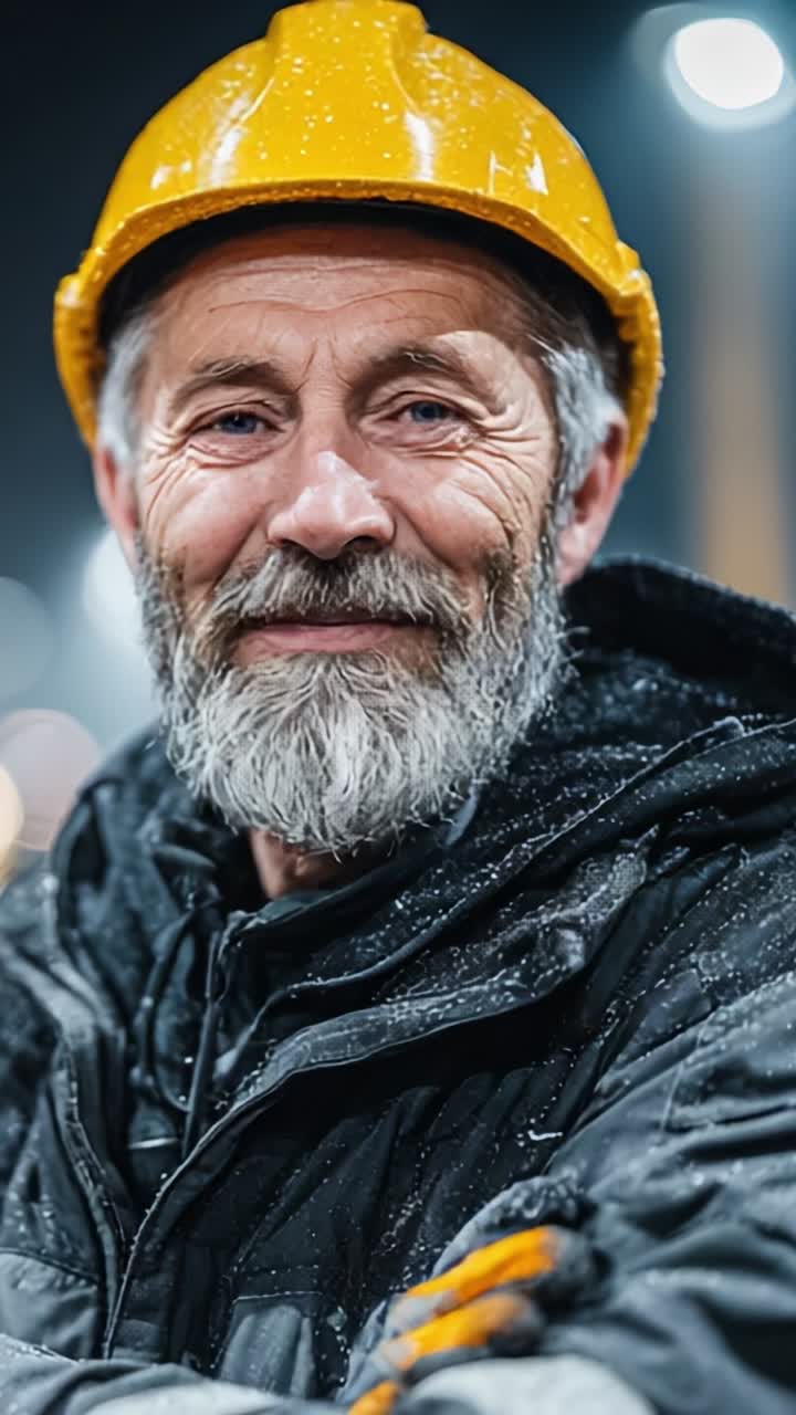 A seasoned construction worker with a warm smile and a yellow hard hat, exuding experience and confidence amidst a rainy urban backdrop, ready to tackle challenges with resilience