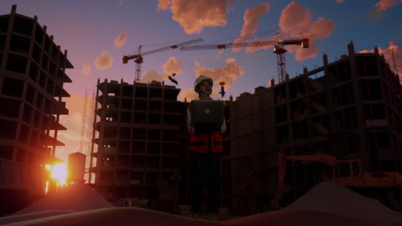 cuerpo lleno de ingeniera asiática con casco de seguridad trabajando en una computadora portátil y mirando a su alrededor mientras está de pie en el sitio de construcción, durante la puesta o el amanecer