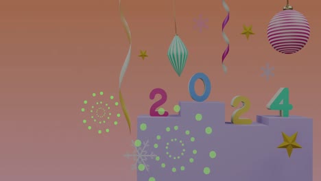animación de fuegos artificiales sobre texto de 2024 y decoraciones en fondo naranja.