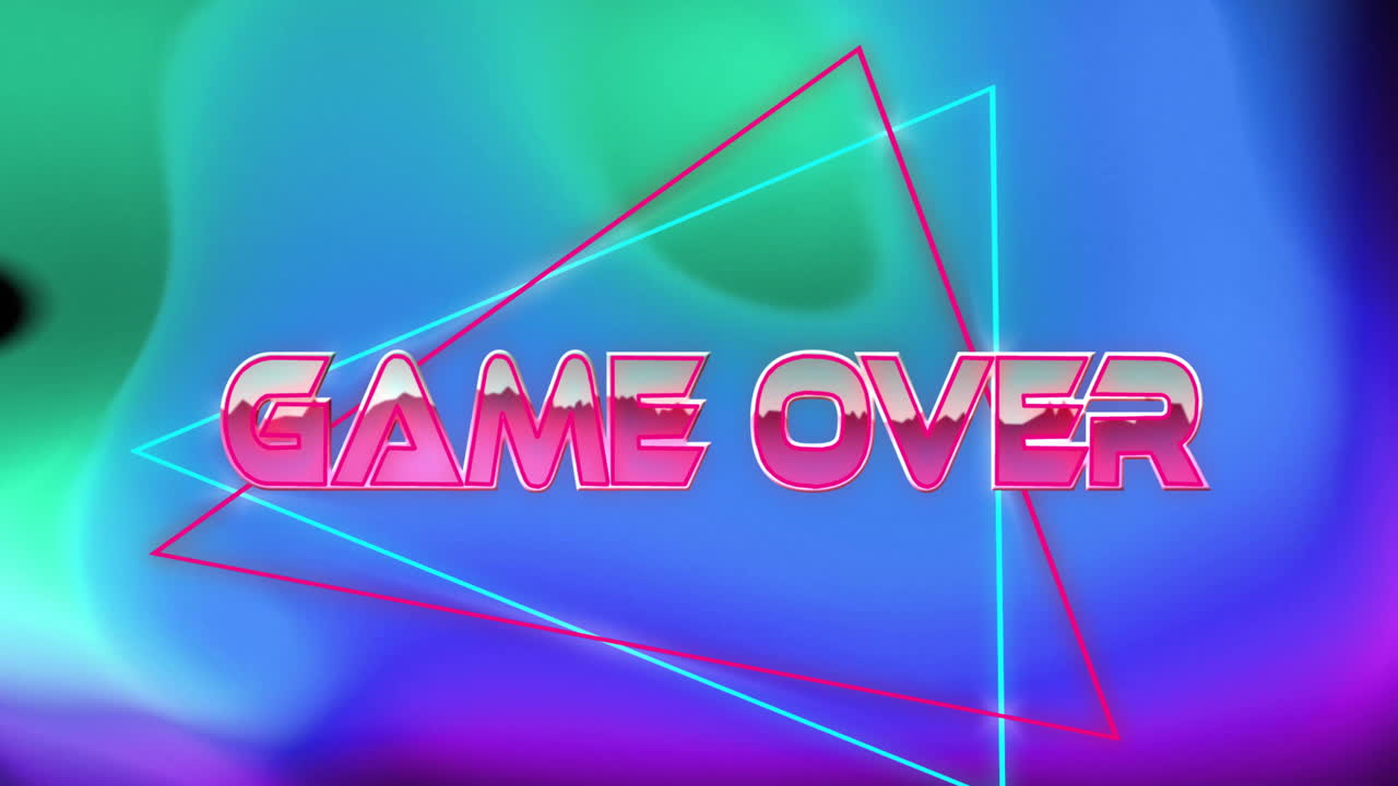 Retro-inspired GAME OVER text floating in neon gradient scene, featuring wireframe triangle shapes