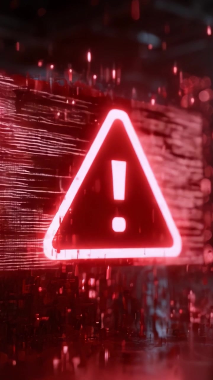 A striking visual representation of a warning symbol illuminated in bright red, set against a backdrop of digital data streams, highlighting urgency and caution in a cybernetic space.