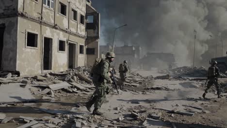 heavily armed military infantry squad moving through devastated urban landscape, navigating damaged street with destroyed buildings, smoke billowing, military vehicle supporting tactical mission