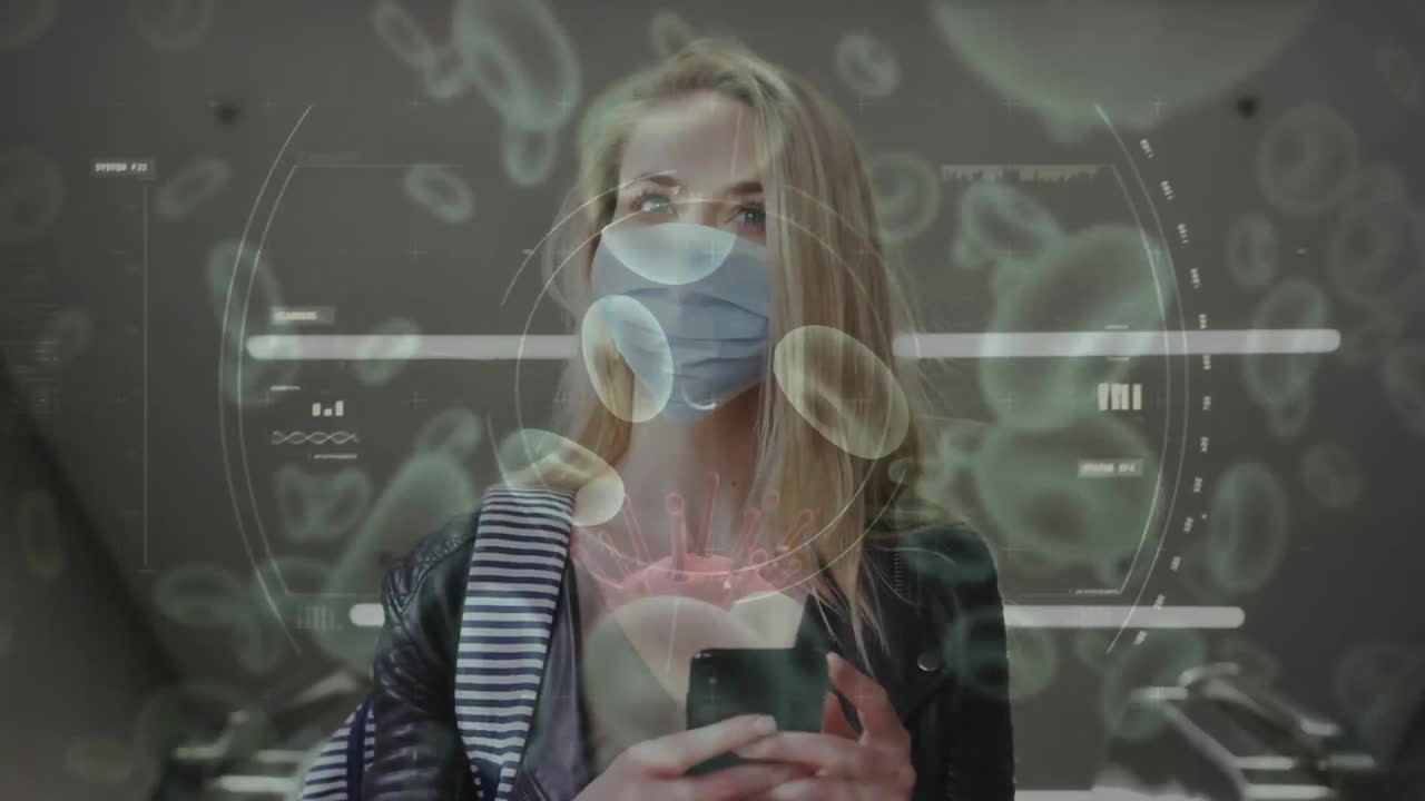 animación de células de covid-19 que se mueven sobre una mujer con máscara facial