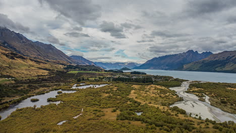 Glenorchy-Lagoon-on-shore-of-Lake-Wakatipu-in-New-Zealand,-aerial-dolly-forward