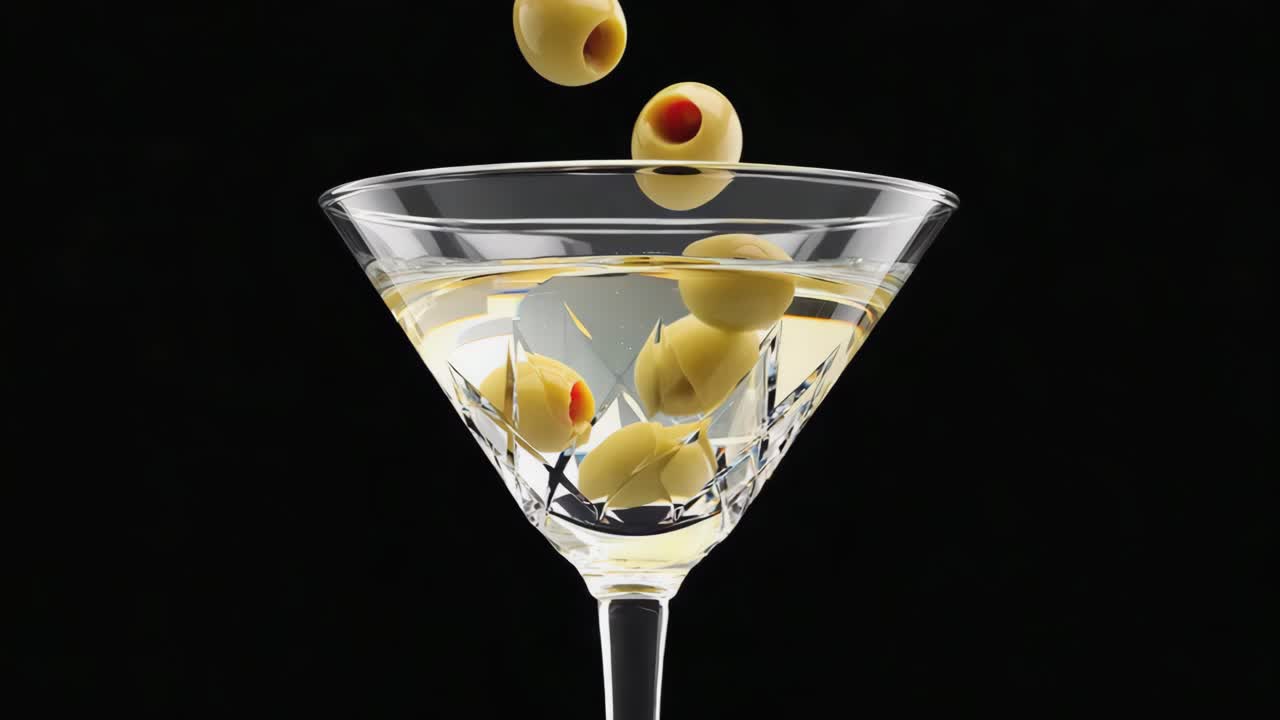 Martini with Olives Splashing on Black Background