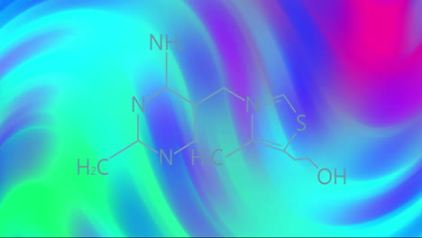 chemical structure of molecule over colorful, swirling animation background