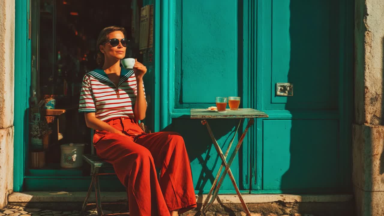 A Stylish Woman Enjoying a Warm Beverage in a Cozy Cafe, Seated Outside in the Sunshine with Vibrant Teal Walls and a Relaxed Atmosphere, Perfectly Capturing a Leisurely Moment of Bliss