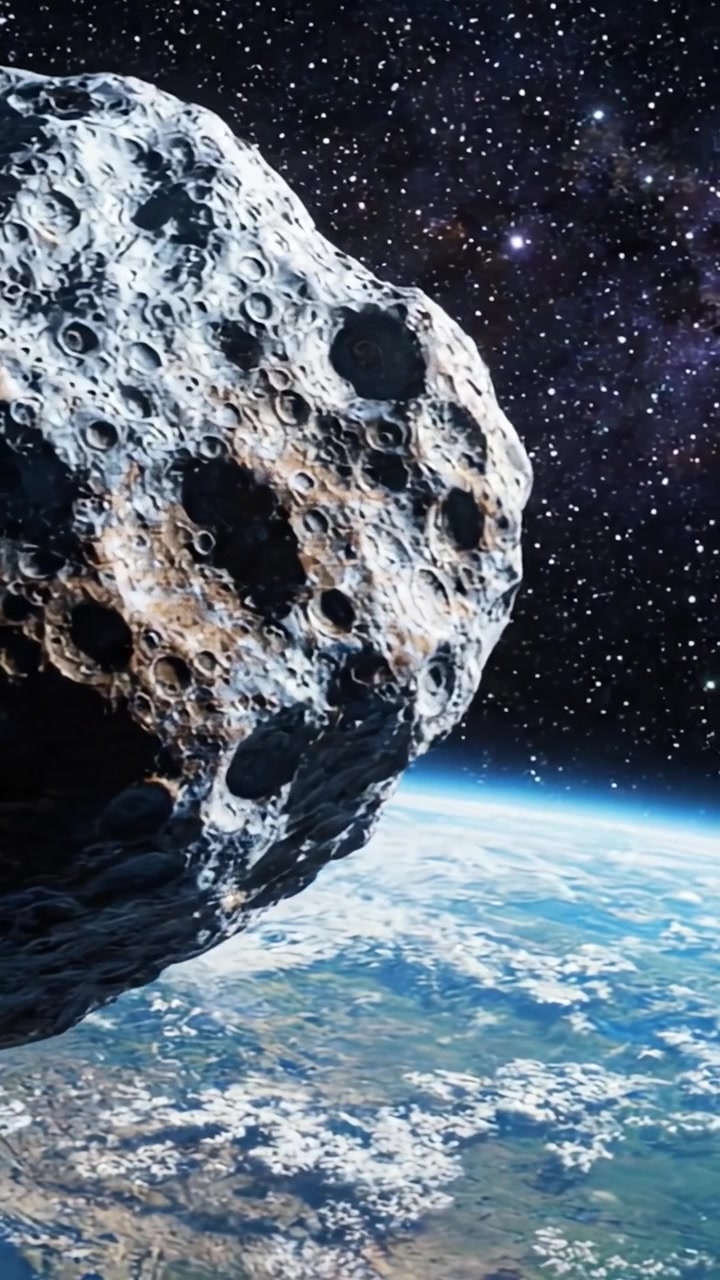 Una vista mozzafiato di un maestoso asteroide che aleggia sopra la superficie terrestre, circondato da uno sfondo cosmico stellato e splendide caratteristiche planetarie.