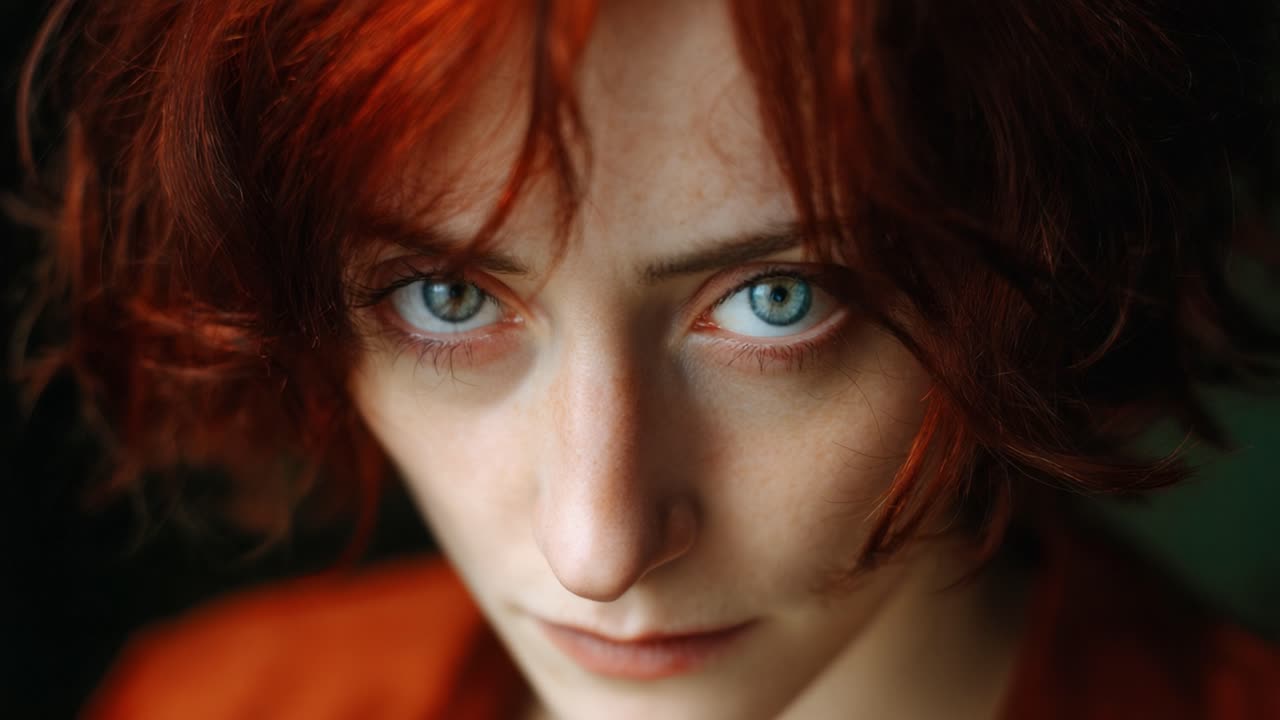 A Captivating Portrait of a Young Woman with Striking Red Hair and Intense Blue Eyes, Captured in a Close-Up Perspective that Reveals Her Thoughtful Expression