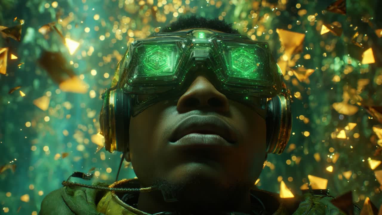 A futuristic figure adorned with advanced goggles gazes upwards, surrounded by shimmering green lights and floating geometric shapes, creating a breathtaking atmosphere of technology and intrigue