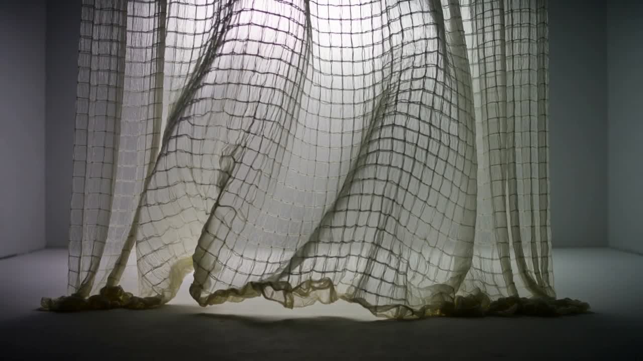 Una tenda a quadri trasparente, in basso al centro, si muove, si gonfia verso l'esterno, sollevando l'orlo e rivelando ombre in controluce.