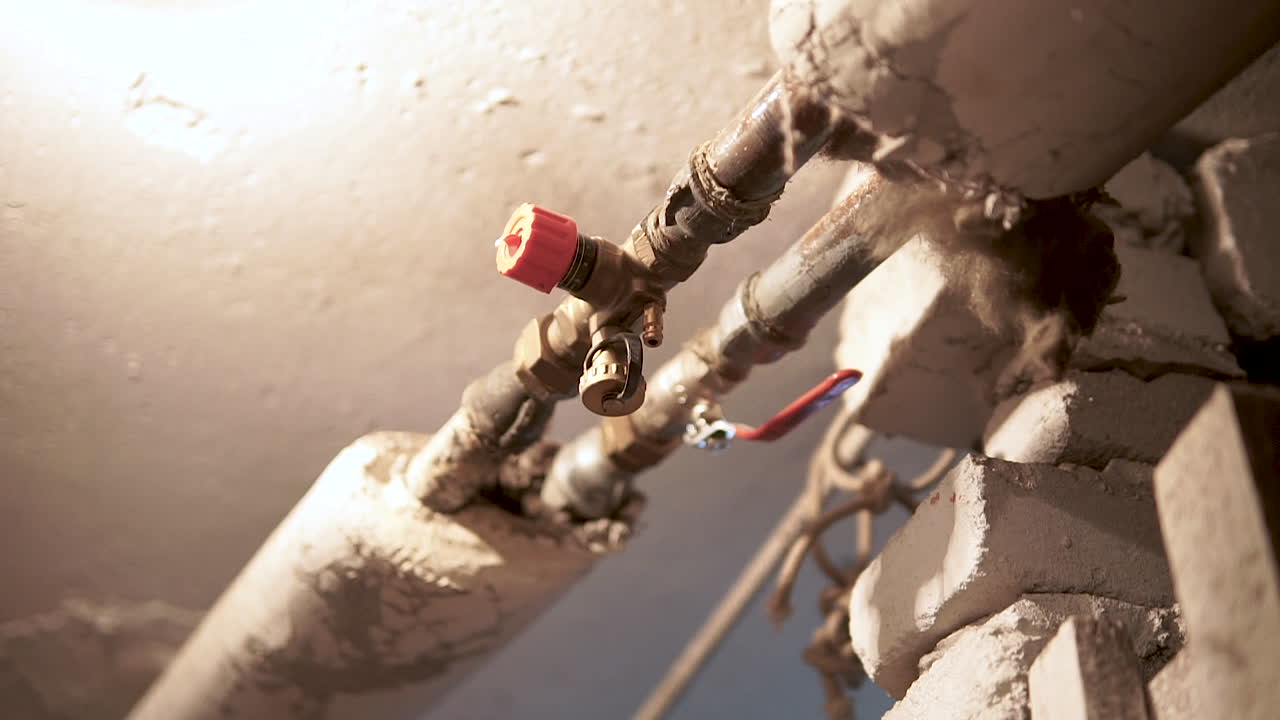 válvulas de agua y tuberías de metal debajo de un área bien iluminada dentro del sótano de una casa