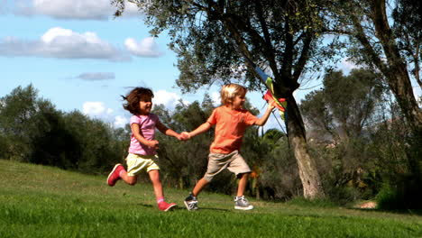 two children playing with kite