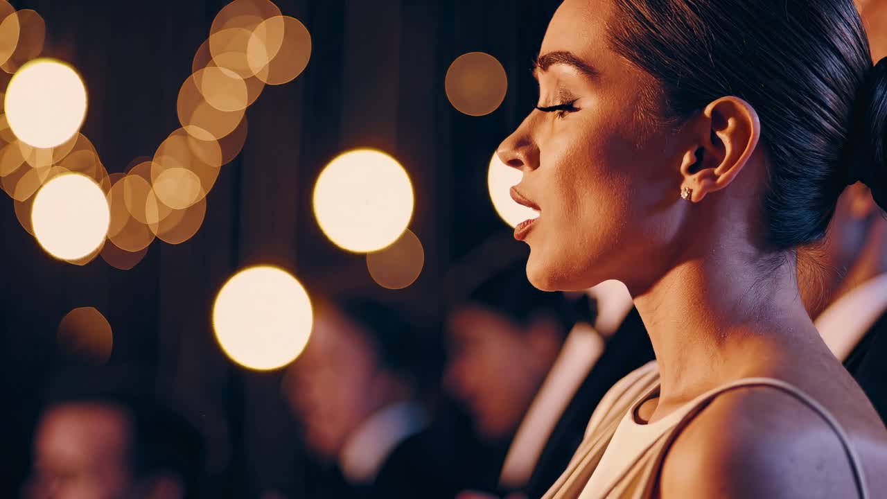 Sideprofil af en kvinde, der synger i et svagt oplyst miljø med bokeh-lys, fanget i en filmisk stil