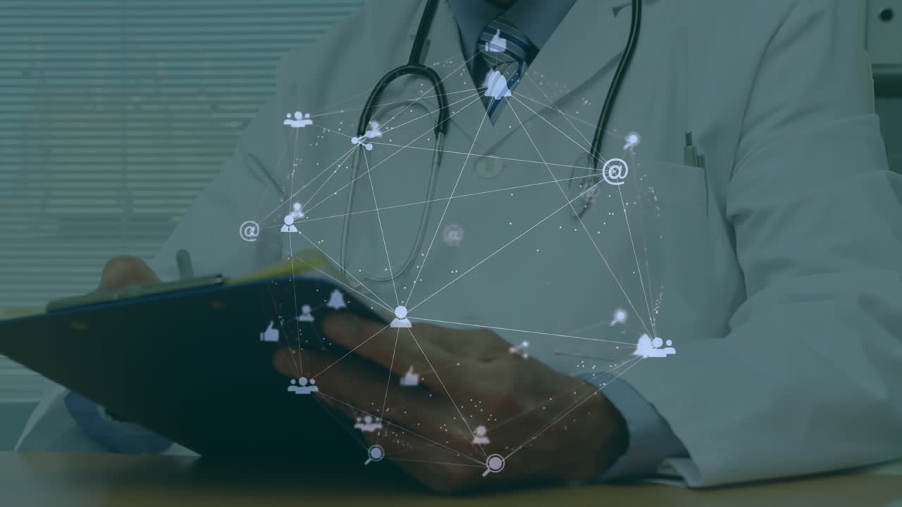 백인 남성 의사에 대한 연결 네트워크의 애니메이션