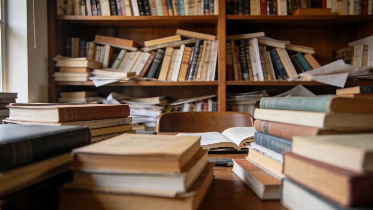 Vertical video: Pulling back, camera revealing stacked books and open book to show cluttered study