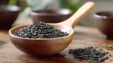 green tea in a wooden spoon
