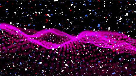 digital animation of colorful confetti falling over pink digital wave on black background