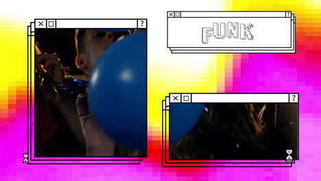 animación de texto funk y gente divirtiéndose en las ventanas