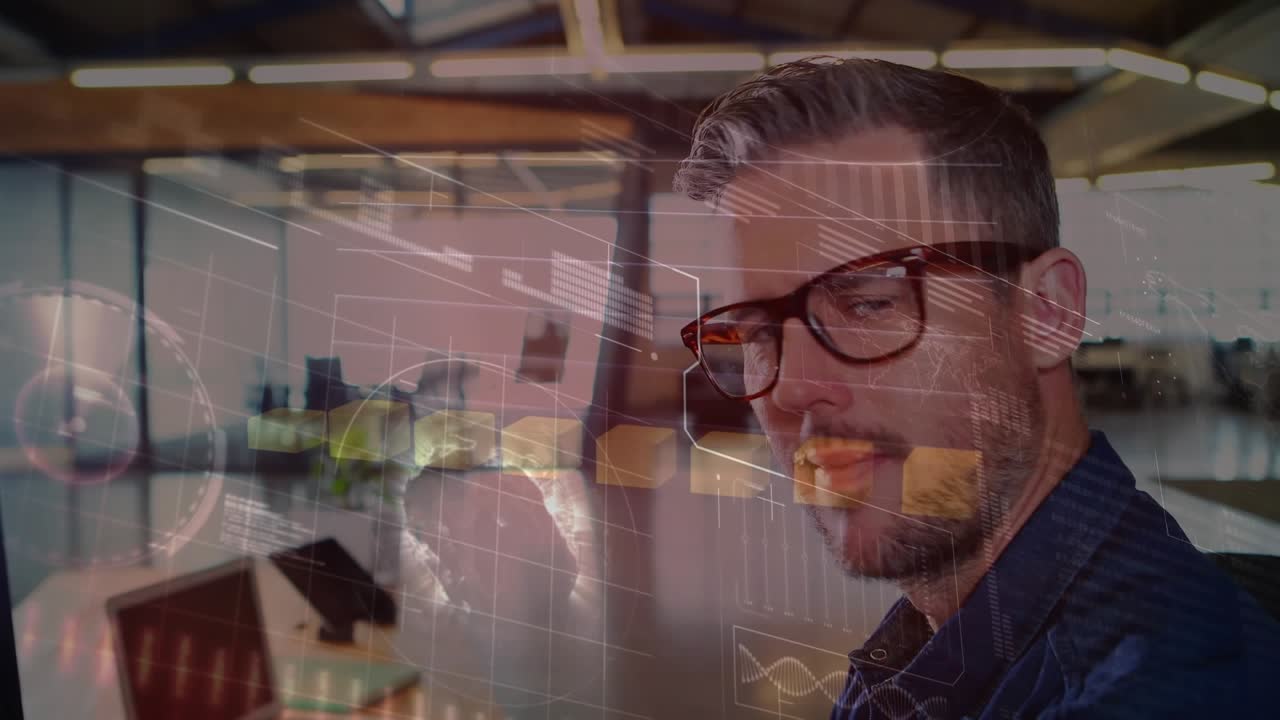 Animation af globus, radar, søjler, DNA-helix over en kaukasisk mandlig fotograf, der tjekker kameraet på kontoret