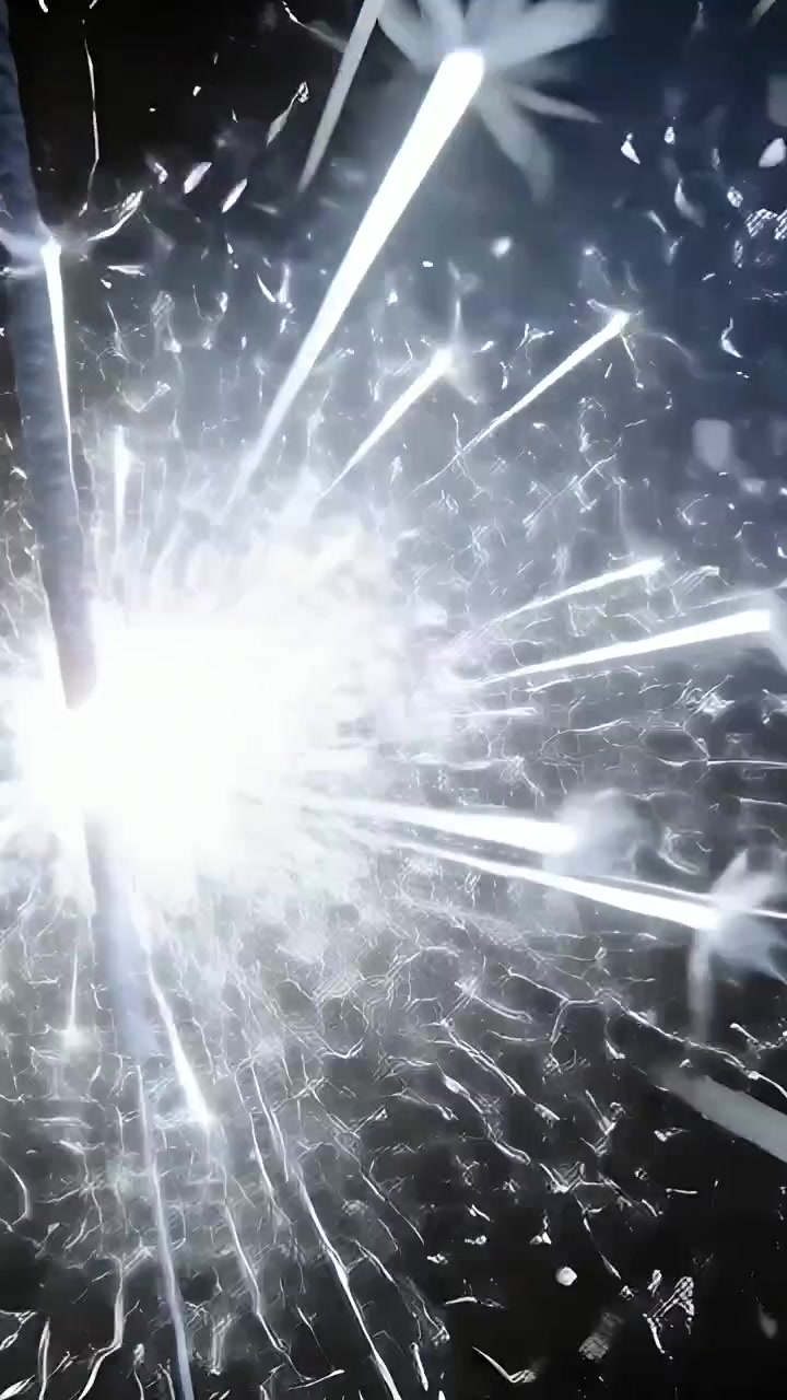Video verticale: Accensione di una stellina luminosa tenuta in mano che emette scie luminose e scintille di notte, con l'asta visibile.