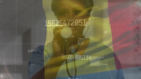 Animation-of-flag-of-romania-with-statistics-and-female-doctor-holding-stethoscope