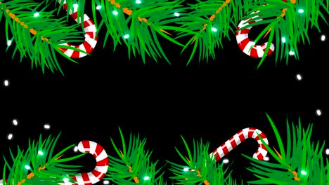 marco de navidad sobre fondo negro. telón de fondo abstracto con árboles de brunch, dulces y luces