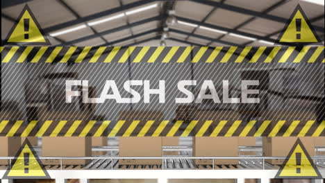 animation of flash sale text over boxes on conveyor belts