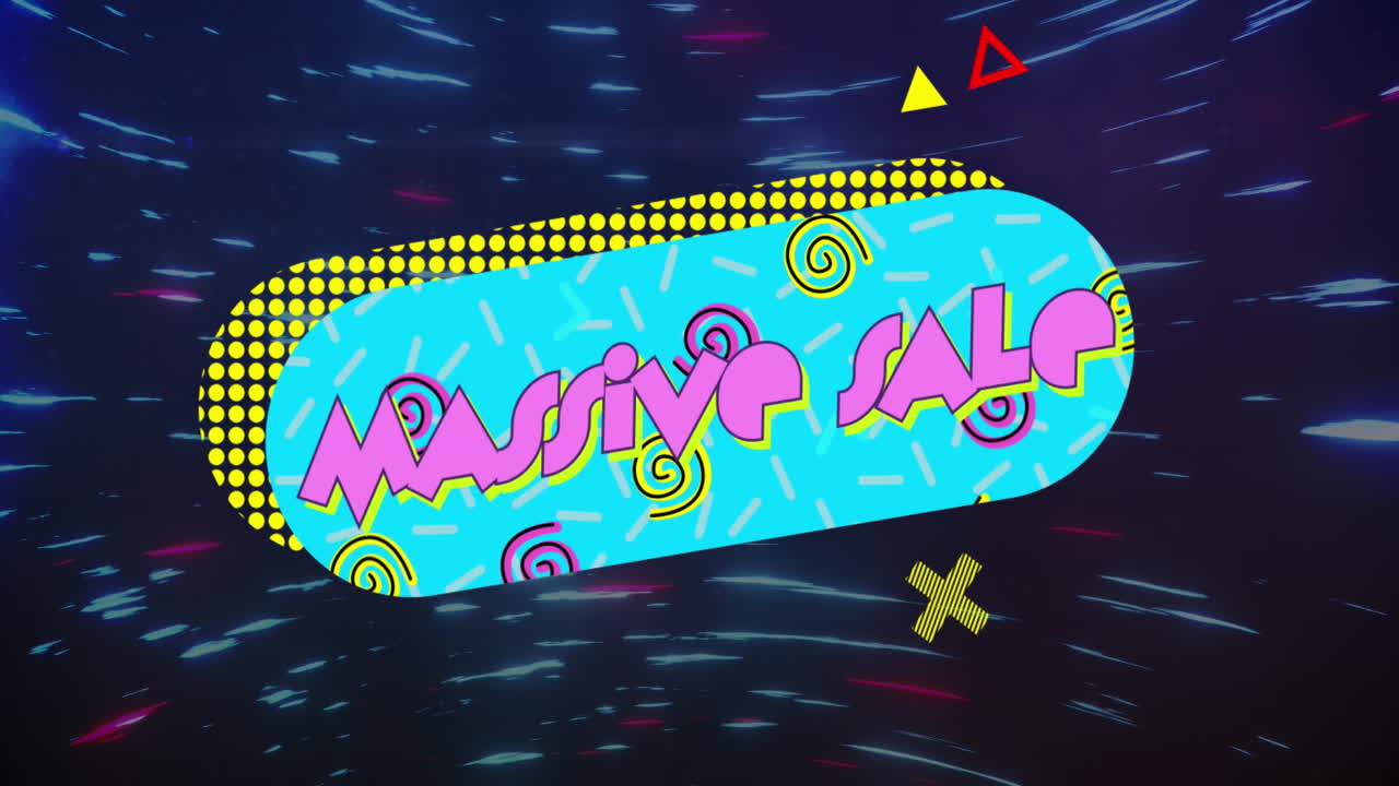 animación de texto de venta masiva sobre banner de discurso vintage y formas de neón en fondo oscuro