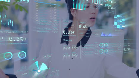 processing financial data, businesswoman working in office with animation overlay