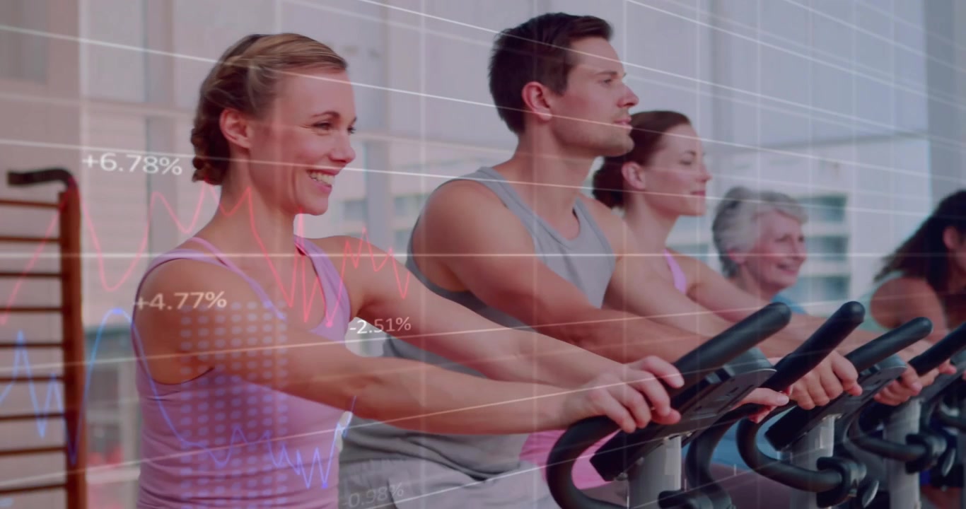 Fitness studio woman adjusting posture and pedaling, group joining as metrics overlaying progress