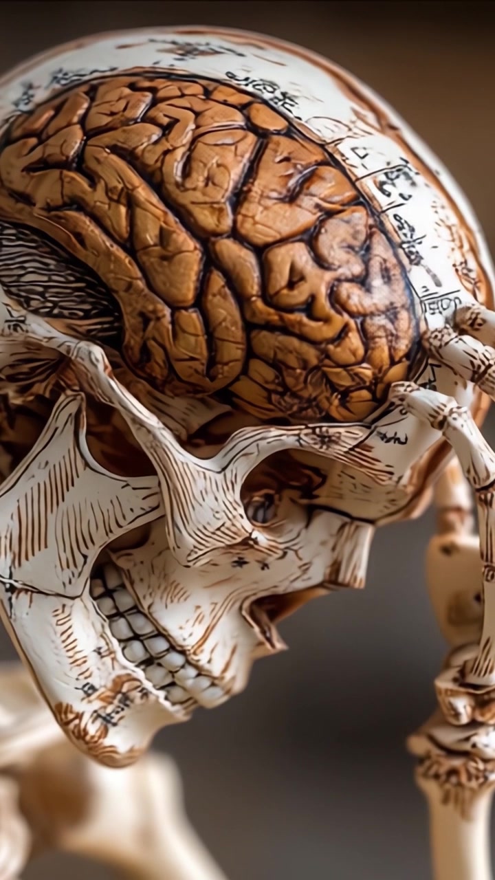 Esame Dettagliato delle Caratteristiche Anatomiche di un Cranio Umano con un Cervello Realistico, Evidenziando le Strutture Intricate e gli Aspetti Educativi dell'Anatomia Umana