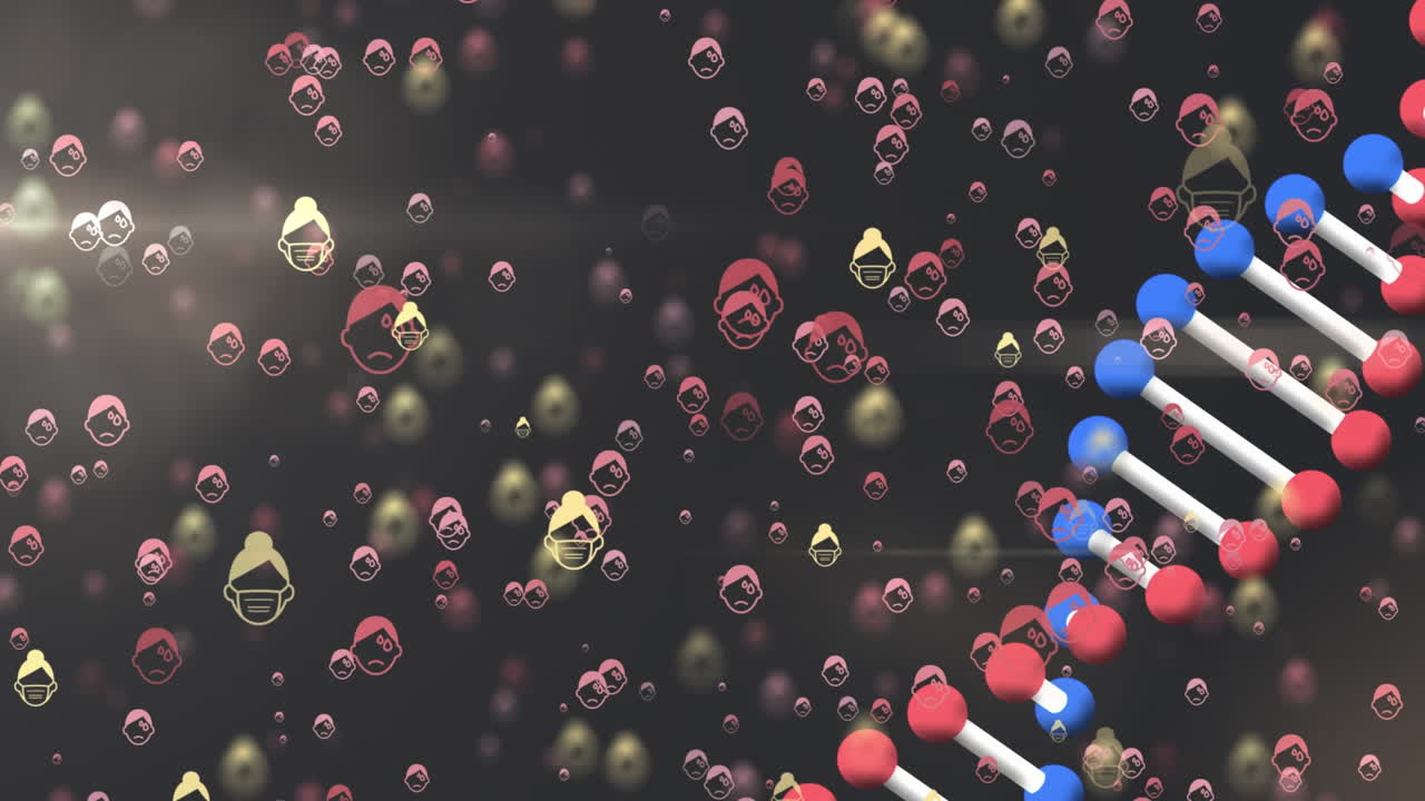 회전하는 dna 구조의 애니메이션과 검은 바탕에 얼굴 마스크 아이콘을 착용한 여성