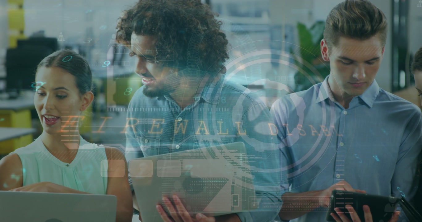 Animation of data processing and scope scanning over diverse business people at office