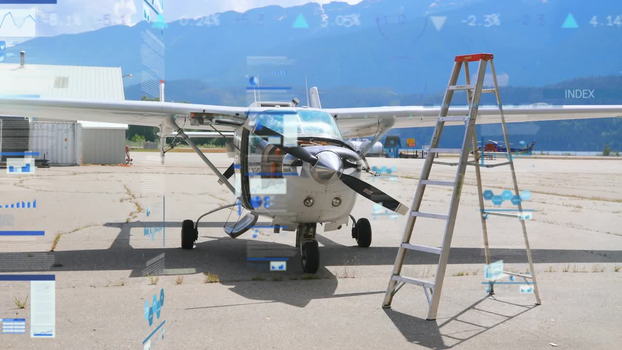 First holographic charts materializing around propeller airplane visualizing flight data metrics