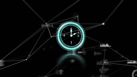 animación de reloj moviéndose rápido con redes de conexiones