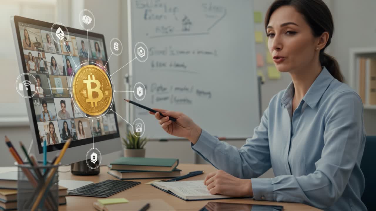 A focused professional engages in a virtual meeting, discussing cryptocurrency trends while interacting with a digital presentation on Bitcoin's significance in today's market