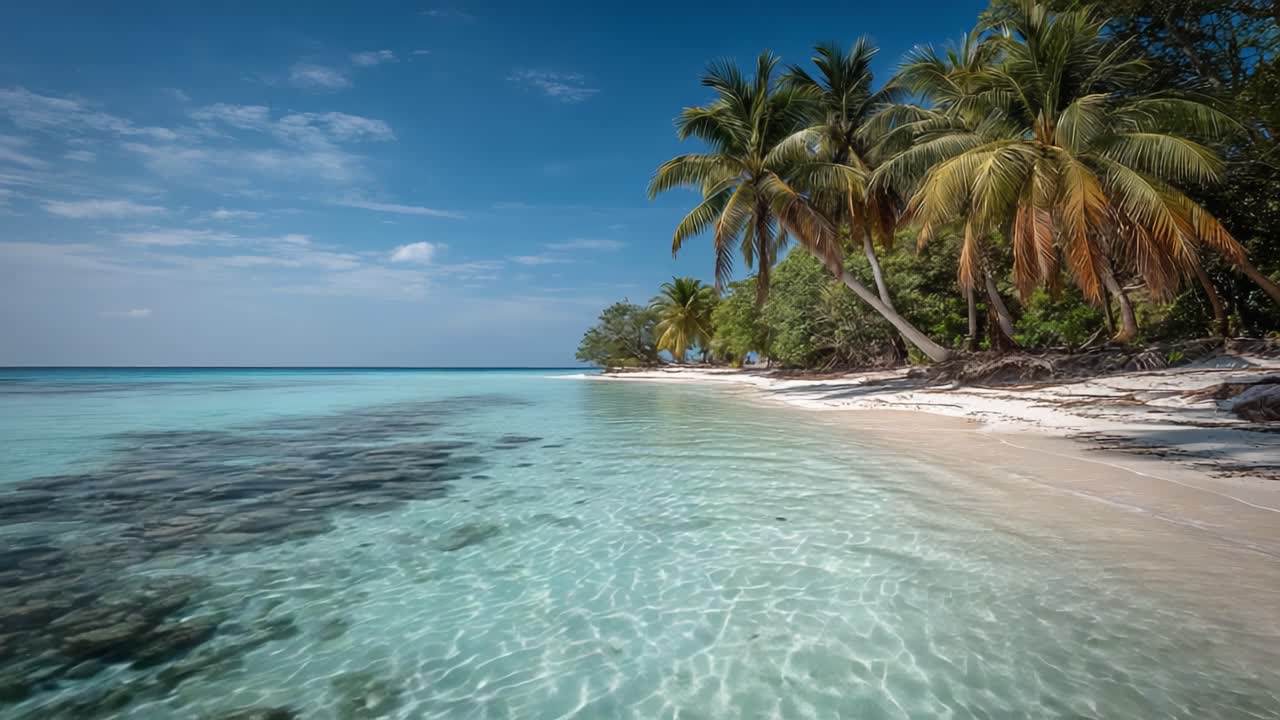 Tranquilla serenità costiera: vista panoramica di una spiaggia incontaminata circondata da rigogliose palme e acque cristalline sotto un cielo azzurro.