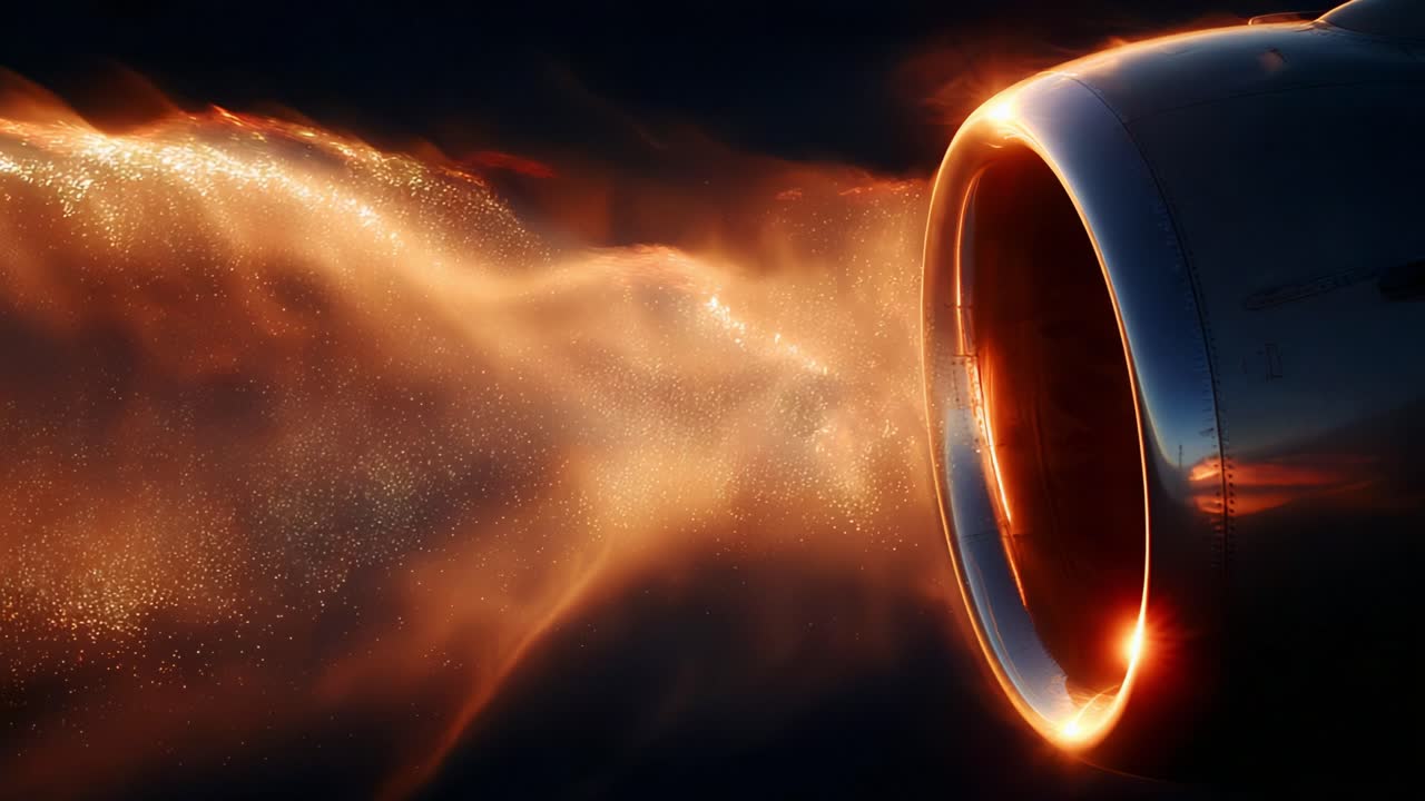 Captivating Close-up of Jet Engine Nozzle with Dramatic Turbulence and Sparkling Exhaust During Flight, Showcasing Engineering and Aerodynamics in Beautiful Light